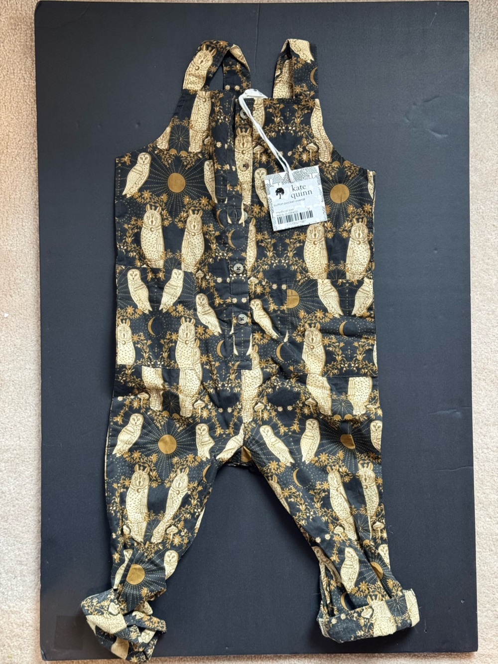 kate quinn Black and Gold Mystical Owl Print Button Pocket Overalls